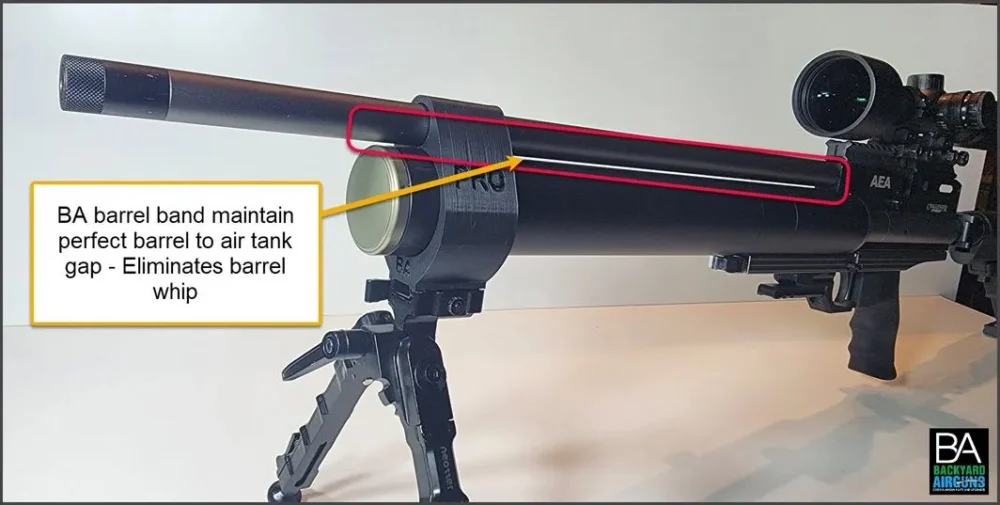 Airgun barrel band eliminates barrel whip.